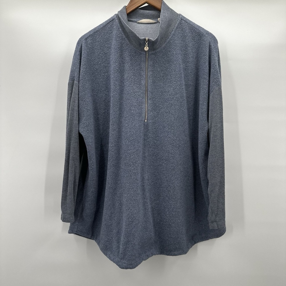 Soft‎ Surroundings Sweatshirt Womens 1X Blue 1/4 Zip Mock Neck Terry Textured
